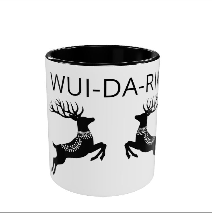 Weiße 325ml Ceramic Tasse 'WUIDARIN' – mit springenden Hirschen.