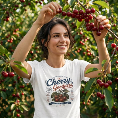 Frau trägt weißes Damen-T-Shirt mit Cherry Goodness Vintage-Print, pflückt Kirschen am Baum