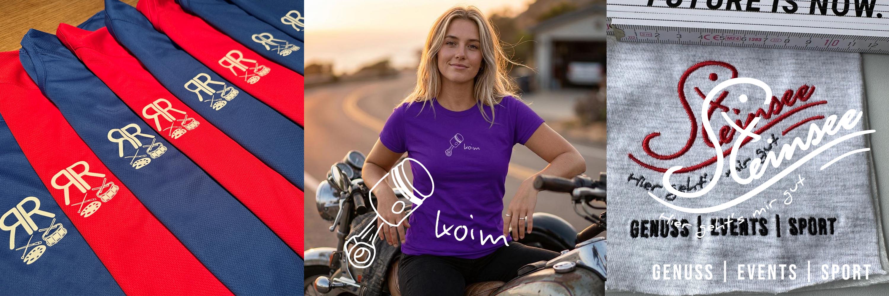 Drei Custom-Made-Beispiele von VYBRYS: bedruckte Vereinstrikots, Firmenlogo auf einem T-Shirt und Nahaufnahme einer Stickerei