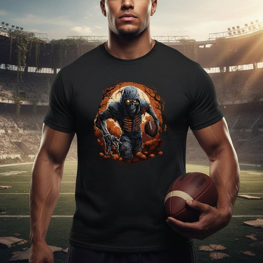 American Football Halloween T-Shirt schwarz – Zombie-Skelett mit Football, Horror-Design