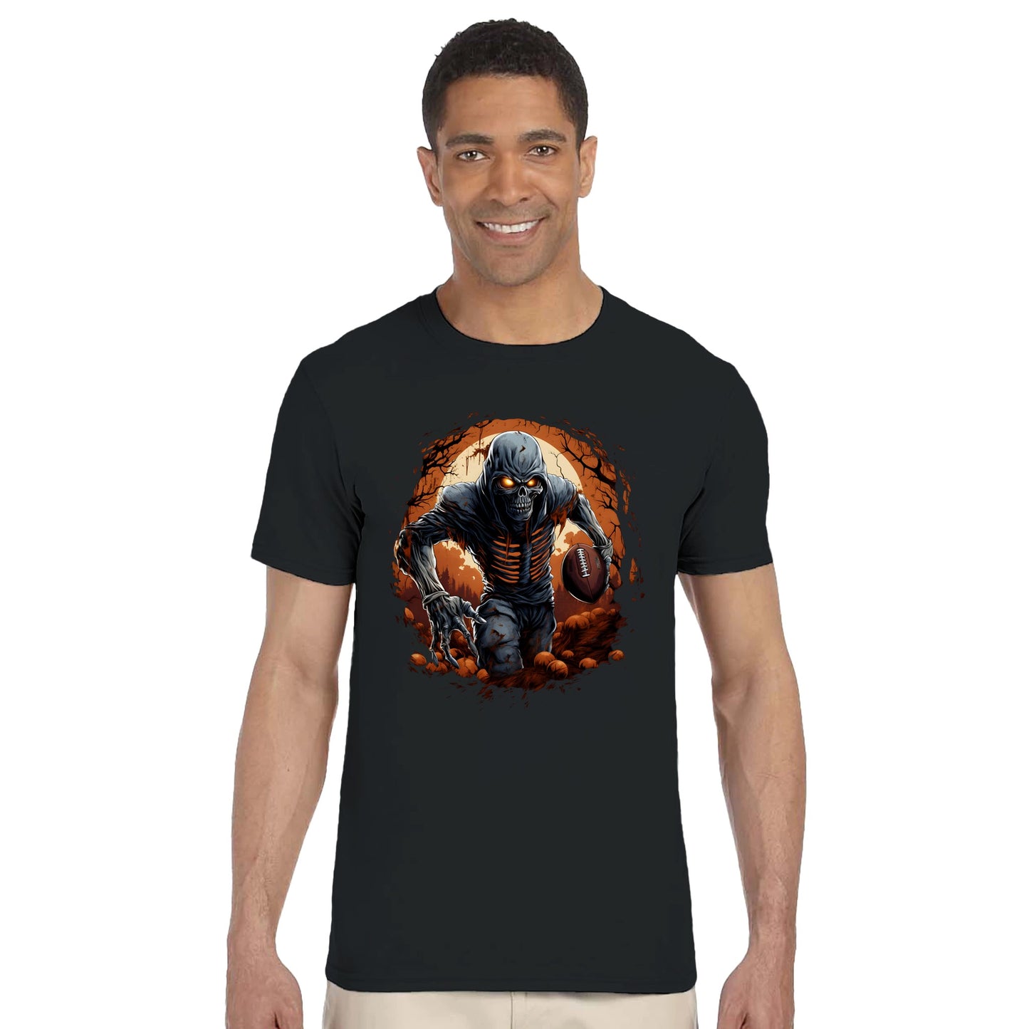 American Football Halloween T-Shirt schwarz – Zombie-Skelett mit Football, Horror-Design