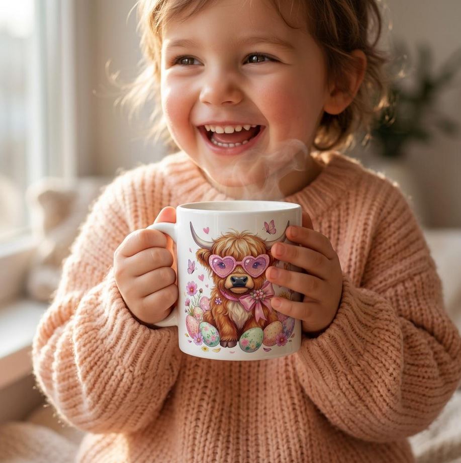 Highland Cow Easter Tasse, 325ml Keramiktasse, Versandkostenfrei