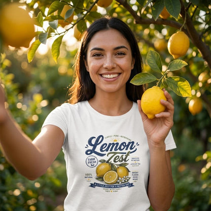 Frau trägt weißes Damen-T-Shirt mit Lemon Zest Vintage-Print, hält eine frische Zitrone unter einem Zitronenbaum
