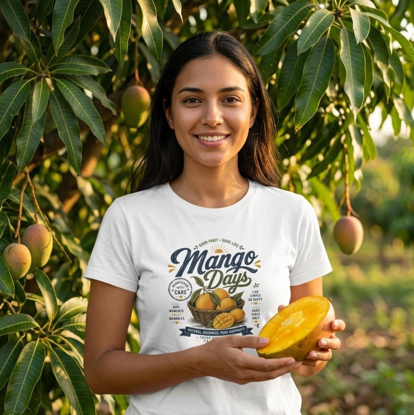 Frau trägt weißes Damen-T-Shirt mit Mango Days Vintage-Print, hält eine aufgeschnittene Mango in der Hand