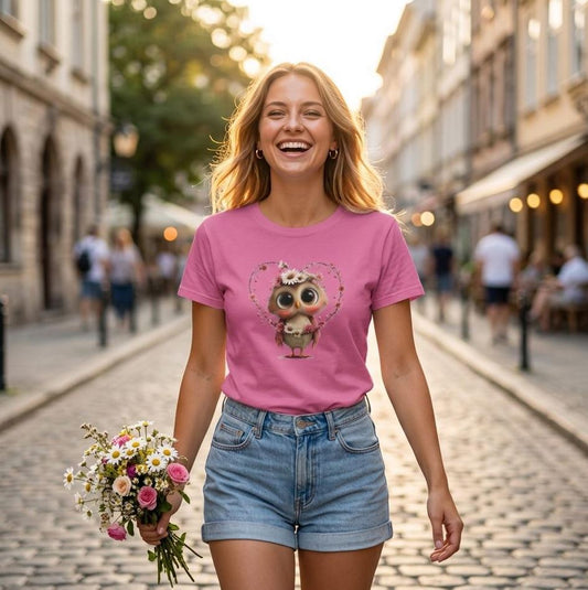 Muttertag Eule mit Blumenherz T-Shirt, Cooles T-Shirt, VYBRYS, DTGF-Druck