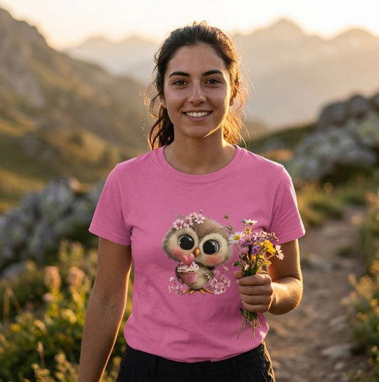 Muttertag Eule mit CupCake T-Shirt, Cooles T-Shirt, VYBRYS, DTF-Druck