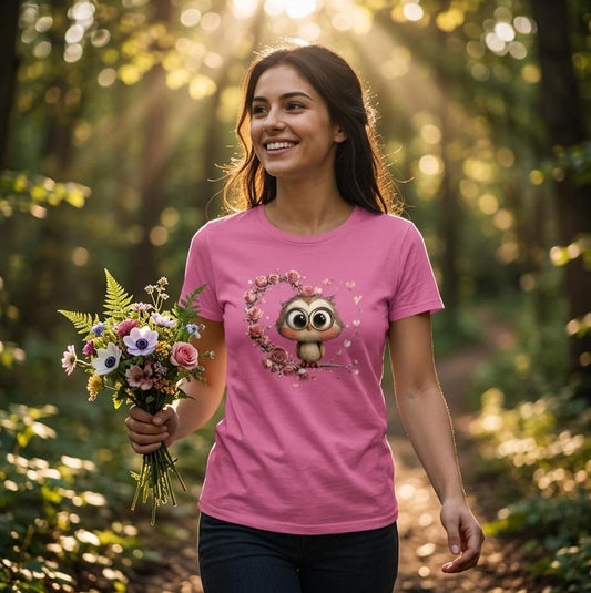 Muttertag Eule mit Herz-Blumenkranz T-Shirt, Cooles T-Shirt, VYBRYS, DTF-Druck