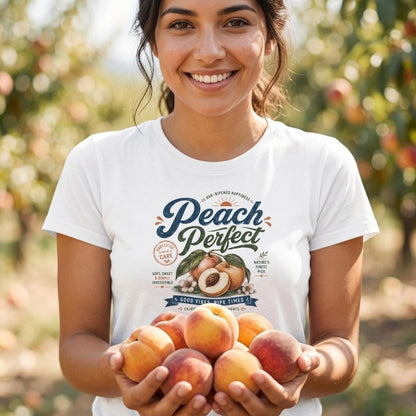 Frau trägt weißes Damen-T-Shirt mit Peach Perfect Vintage-Print, hält eine Handvoll frischer Pfirsiche