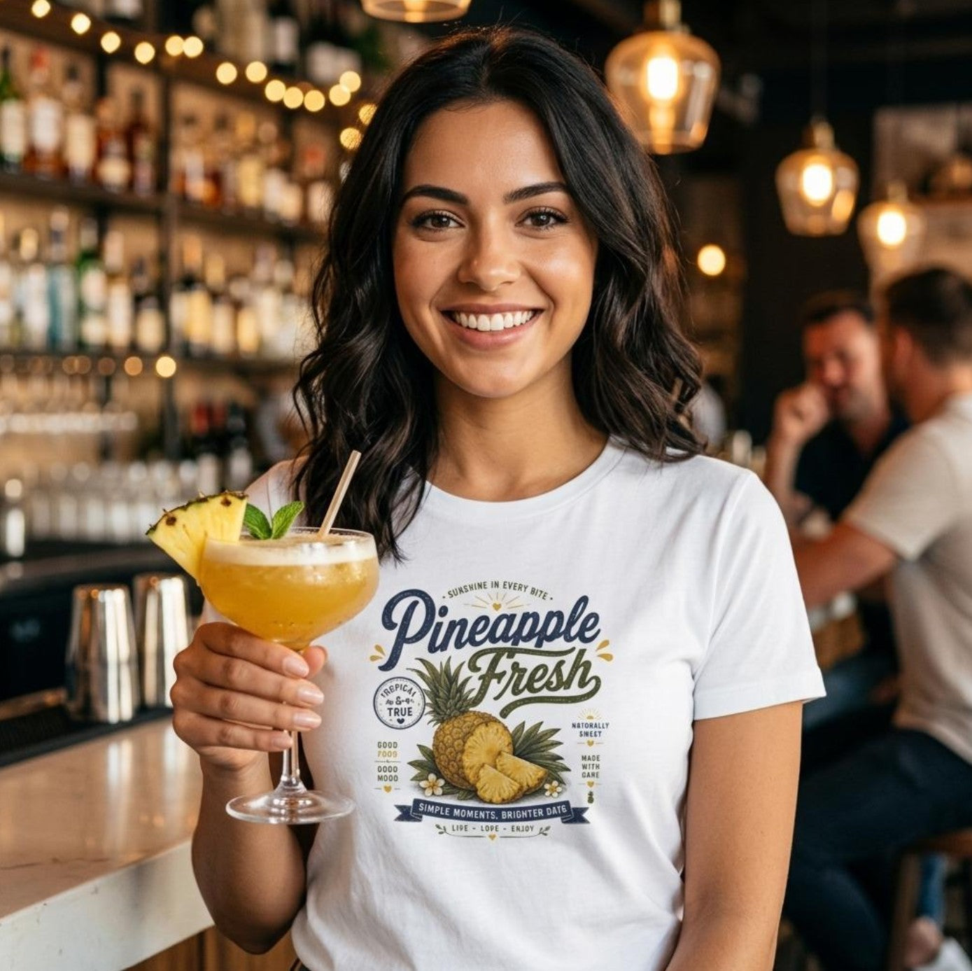 Frau trägt weißes Damen-T-Shirt mit Pineapple Fresh Vintage-Print, sitzt an einer Bar mit einem Ananas-Cocktail