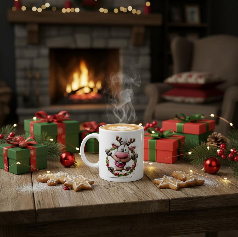 Weiße Weihnachts-Rentier Keramiktasse Rudolph, 325ml, Versandkostenfrei, 2 Motive auf einer Tasse