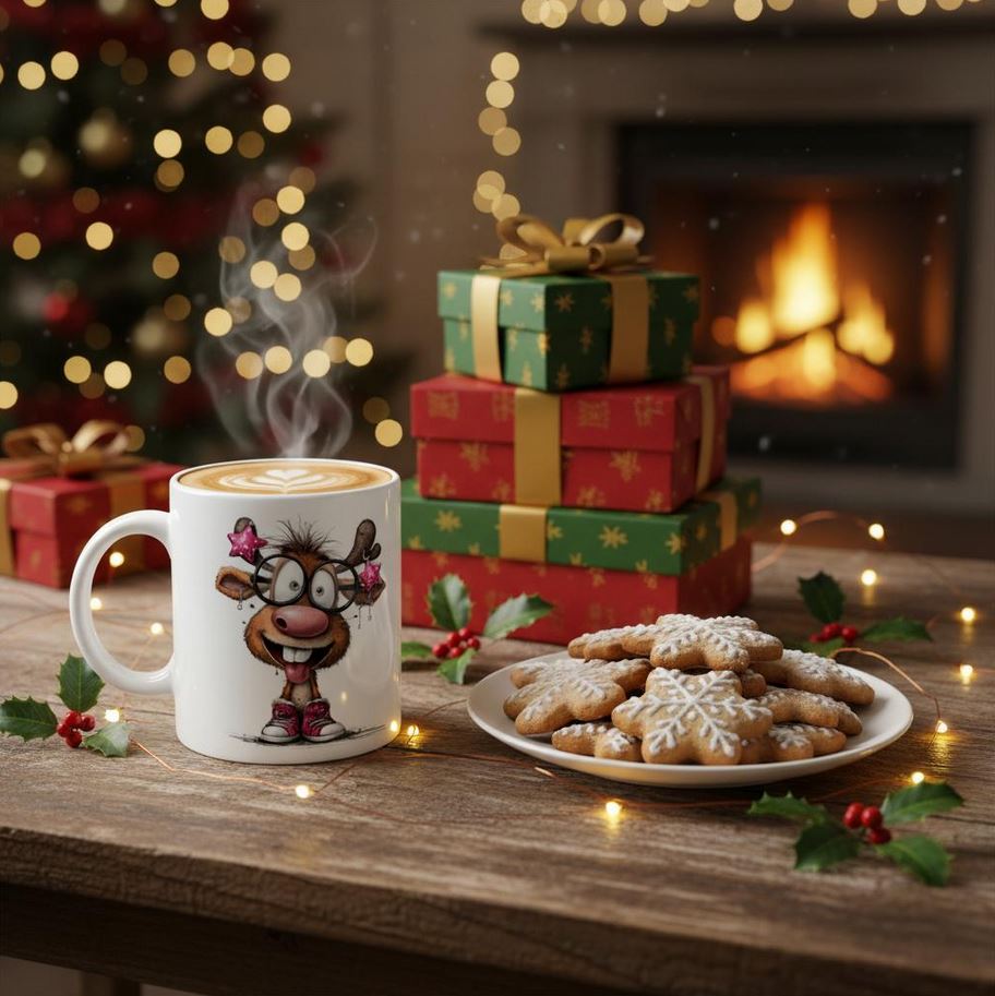 Weiße Weihnachts-Rentier Keramiktasse Snowdy, 325ml, Versandkostenfrei, 2 Motive auf einer Tasse