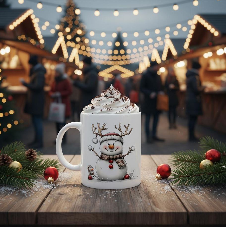 Weiße Schneemann Keramiktasse Glitzi, 325ml, Versandkostenfrei, 2 Motive auf einer Tasse