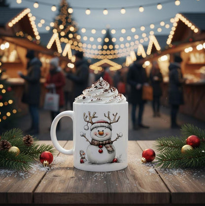 Weiße Schneemann Keramiktasse Glitzi, 325ml, Versandkostenfrei, 2 Motive auf einer Tasse