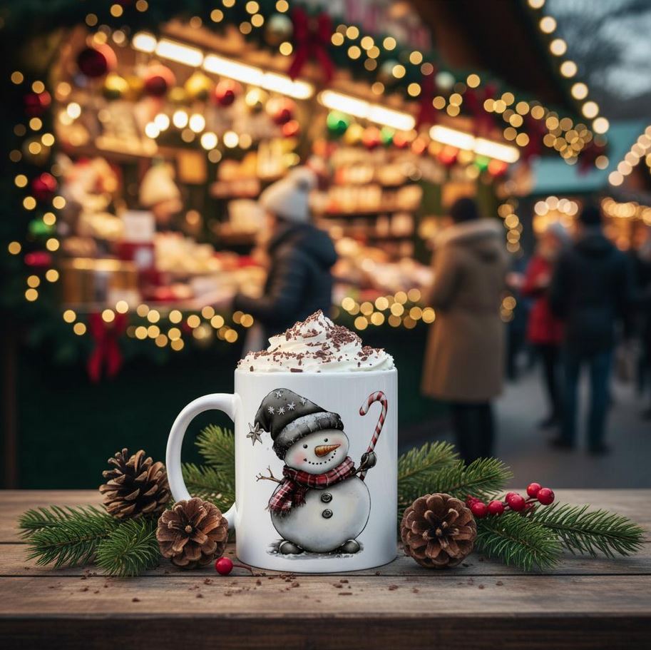 Weiße Schneemann Keramiktasse Kälti, 325ml, Versandkostenfrei, 2 Motive auf einer Tasse