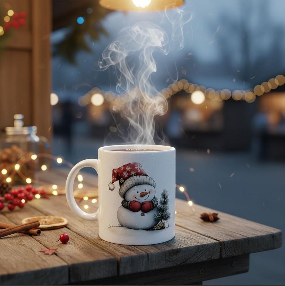 Weiße Schneemann Keramiktasse Möhri, 325ml, Versandkostenfrei, 2 Motive auf einer Tasse