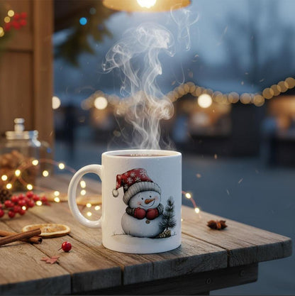Weiße Schneemann Keramiktasse Möhri, 325ml, Versandkostenfrei, 2 Motive auf einer Tasse