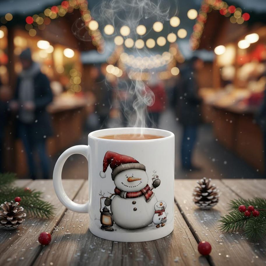 Weiße Schneemann Keramiktasse Mopsi, 325ml, Versandkostenfrei, 2 Motive auf einer Tasse