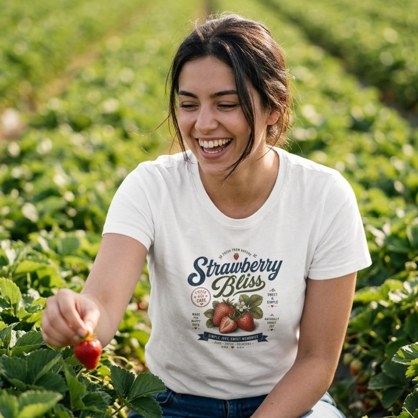 Frau trägt weißes Damen-T-Shirt mit Strawberry Bliss Vintage-Print, pflückt lachend Erdbeeren auf einem Erdbeerfeld