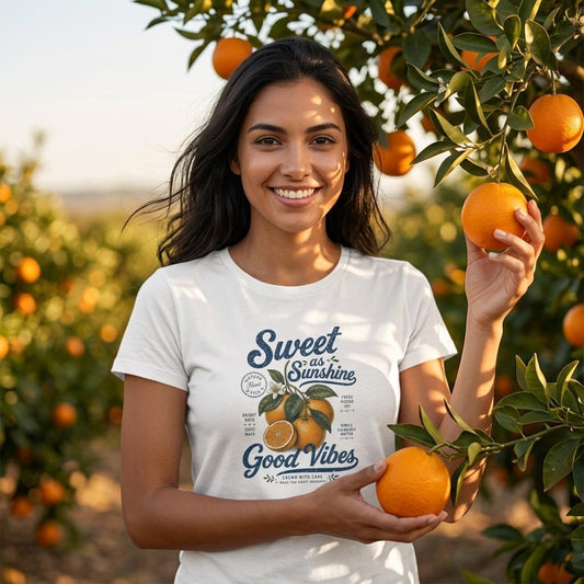 Frau trägt weißes Damen-T-Shirt mit Sweet Orange Vintage-Print, hält Orangen in einem Orangenhain