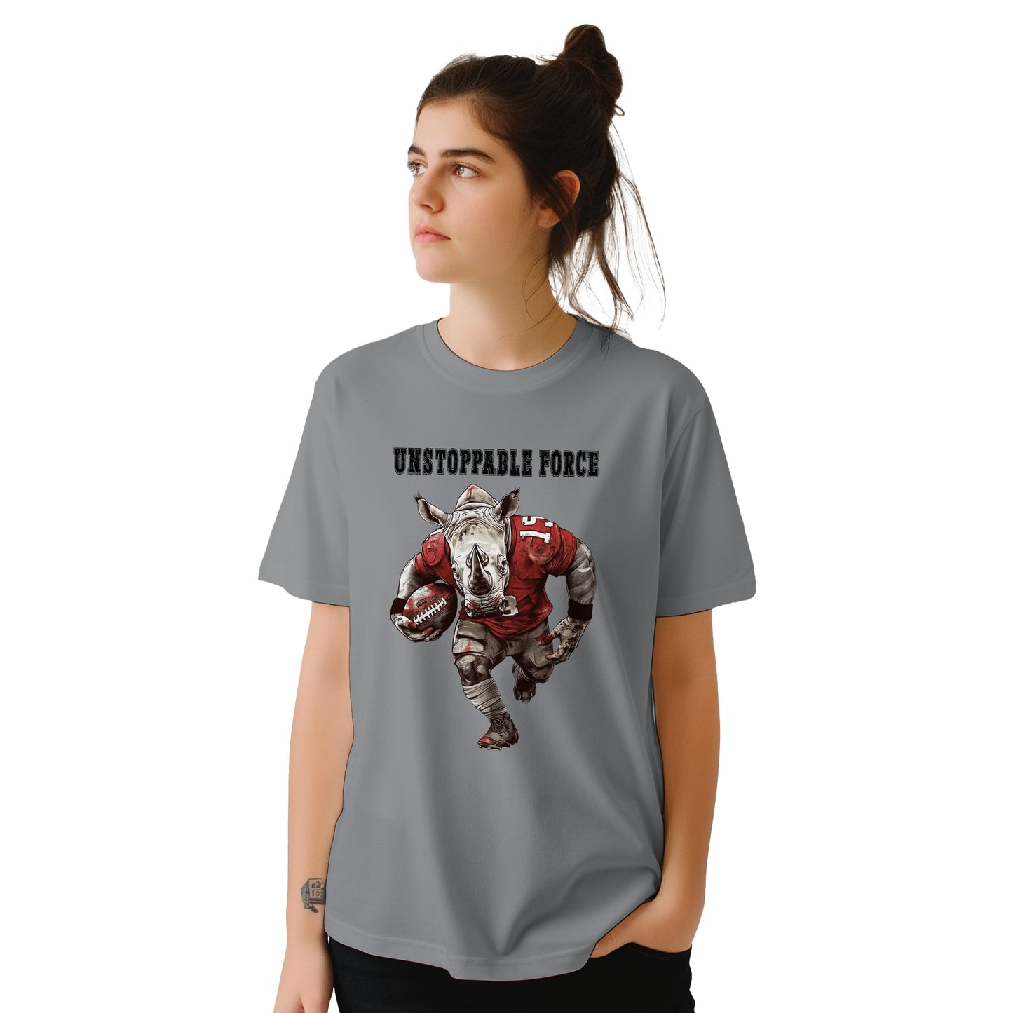 FOOTBALL RHINO "UNSTOPPABLE FORCE", Cooles T-Shirt, personalisierte Rückennummer, DTF-Druck