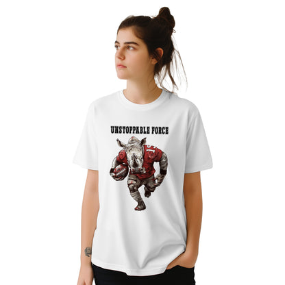 FOOTBALL RHINO "UNSTOPPABLE FORCE", Cooles T-Shirt, personalisierte Rückennummer, DTF-Druck