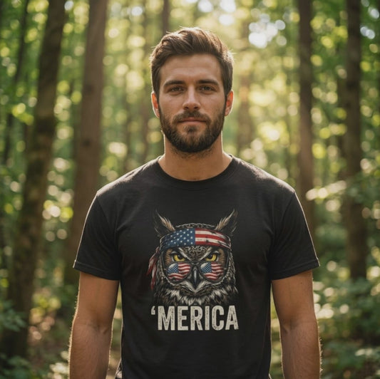 Merica Eule, Cooles T-Shirt, VYBRYS, DTG-Druck