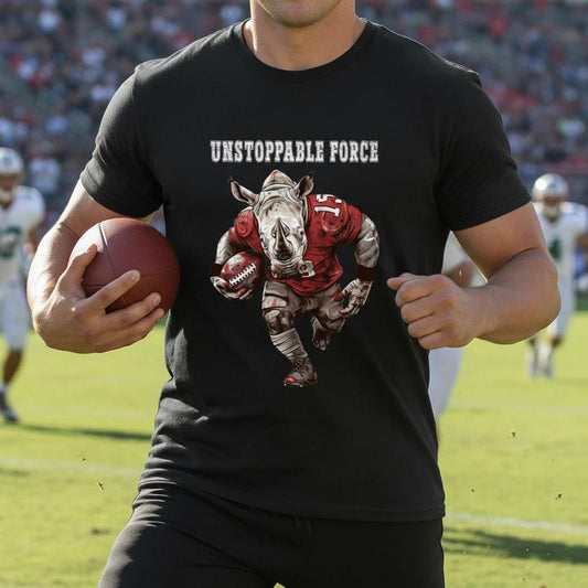 VYBRYS Football T-Shirt Rhino Unstoppable Force - Schwarzes Shirt mit Nashorn im American Football Style, Grunge-Design