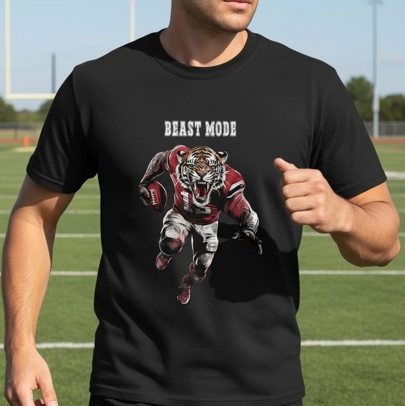 VYBRYS Football T-Shirt Tiger Beast Mode - Schwarzes Shirt mit Tiger im American Football Style, Grunge-Design